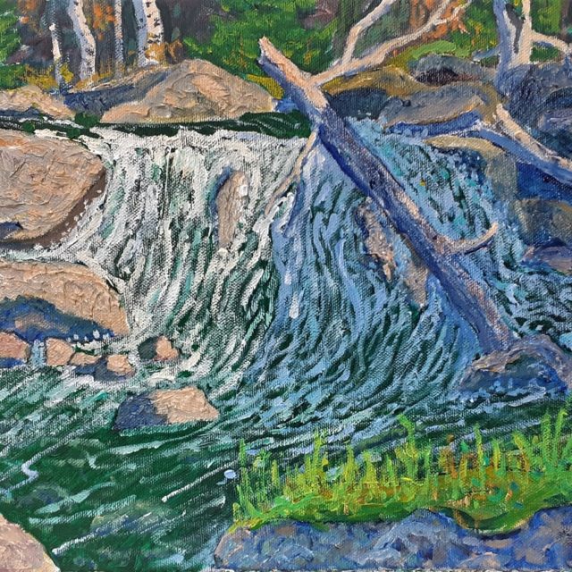 Shadowed Waterfall, acrylic, 10 x 20 inches