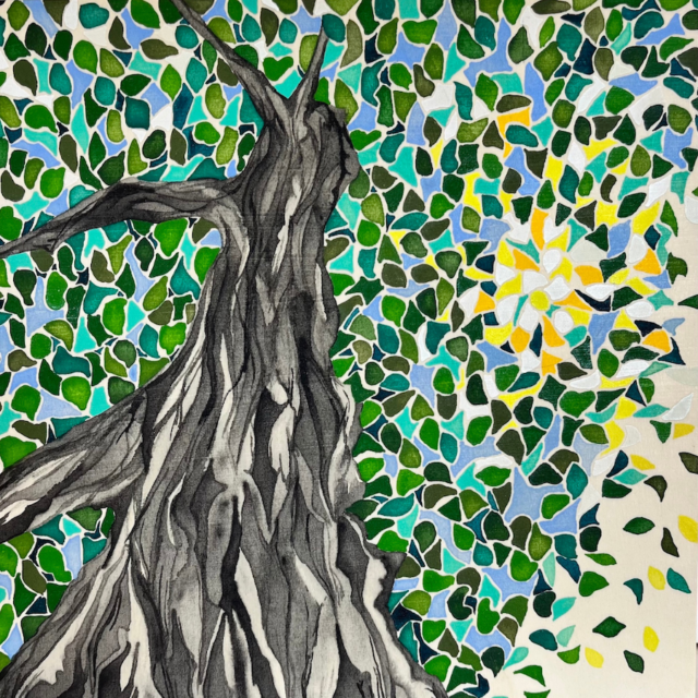 Canopy 2022/23 Gansai Tambi watercolour on wood board by painter & mixed media artist Dawn Ayer