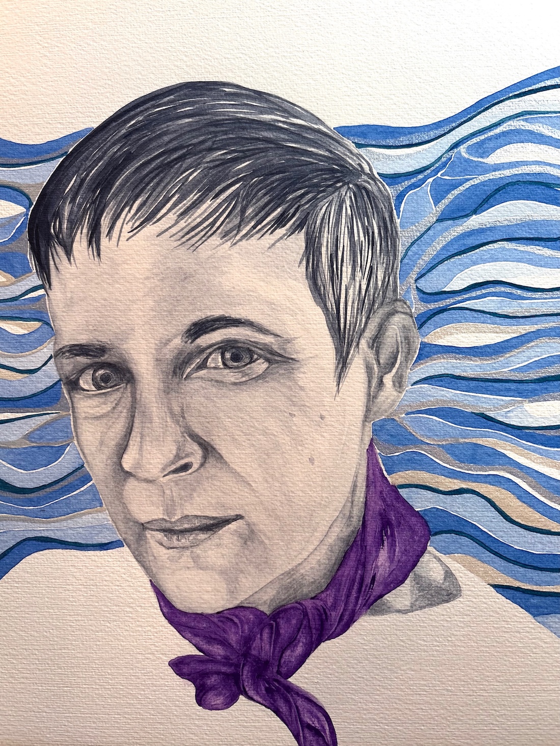 Dawn Ayer self portrait 2025 in Italian watercolour by painter & mixed media artist Dawn Ayer