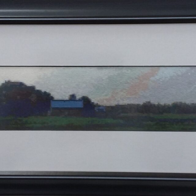 Dusk, Counted cross stitch on 18ct Aida fabric. Approx. 22 x 9 inches framed.