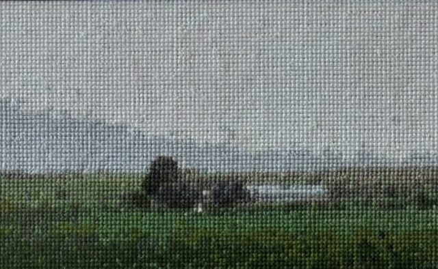 Misty morning, Counted cross stitch 300 × 66 on 18ct Aida fabric. Approx. 27 × 10.5 inches framed. A morning fog is captured as it dissipates over a lush farm field.