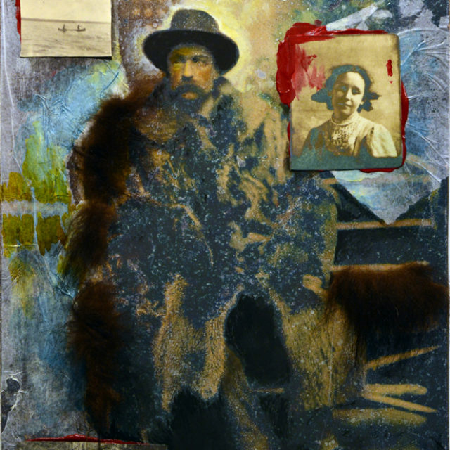 Fur Trader, giclée print with collage elements and acrylic over - painting with real fur