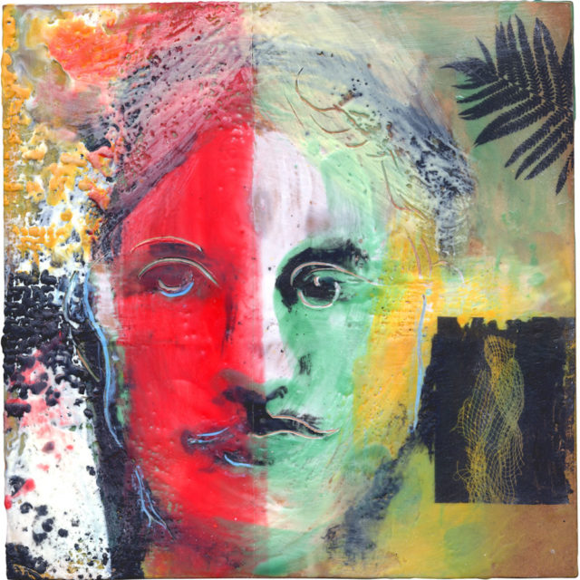 Hermaphrodite, encaustic painting with toner based collage elements