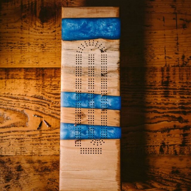 Wooden Cribbage board made of Spalted Maple with blue resin
