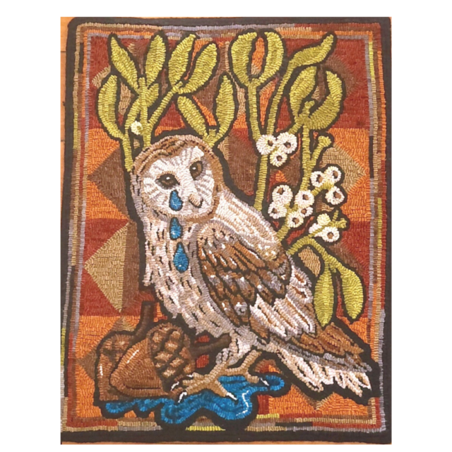 Barn Owl, Mistletoe & Acorn” (2020), Wool on Linen, 22 x 29 IN