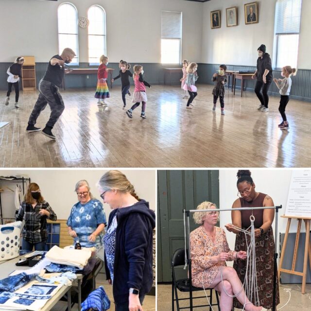 Grid image with children in a movement class with 2 instructors in an open concept indoor space on the top, bottom left is an image of three people admiring indigo dyed cloth, and the bottom right is a sitted figure working on marcrame with an instructor