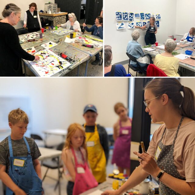 a grid of images, on the top left is a group of people seated working on abstract paintings, top right is an instructor showing cyanotypes on the wall to a seated class. And on the bottom is an instructor teaching a group of kids abstract techniques