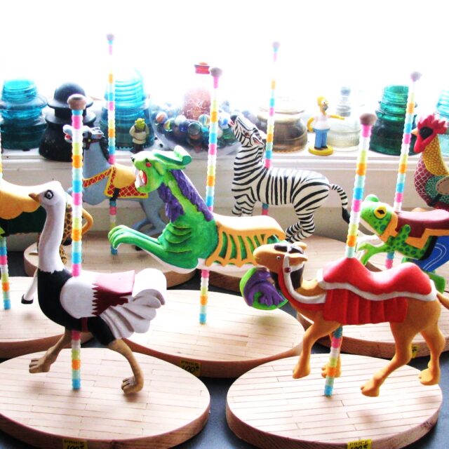 Carousel Creatures, Hand carved and painted with beadwork poles