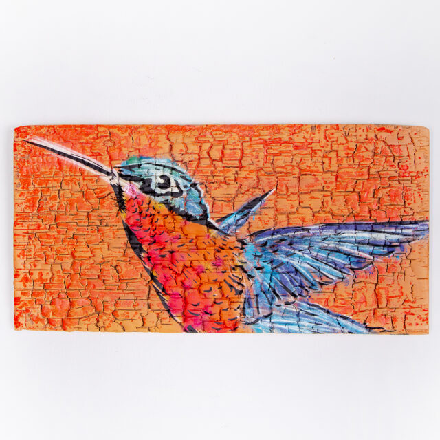 Burnt Humingbird, Burnt Wood Panel, Spray Paint
Stencil, 12 x 24