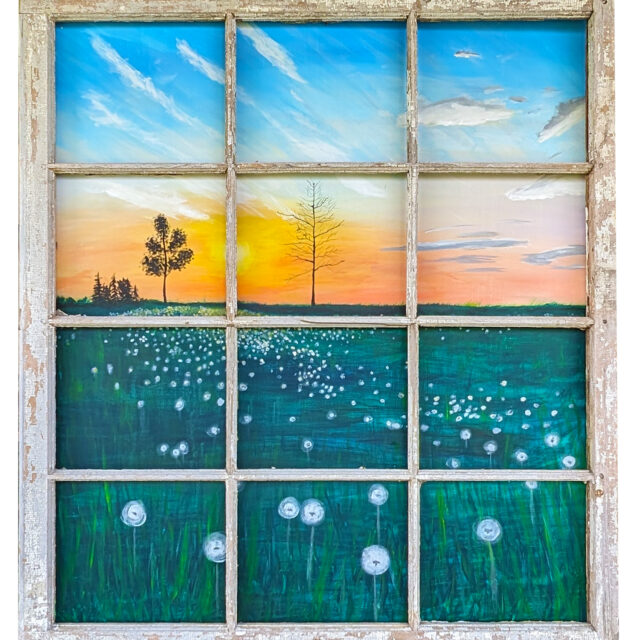 Field of Wishes - 40x45 Acrylic Paint on wood panel framed with antique window