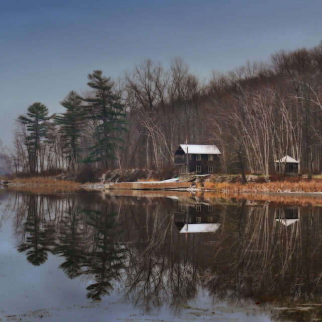 Snow Topped Cabin with Reflection