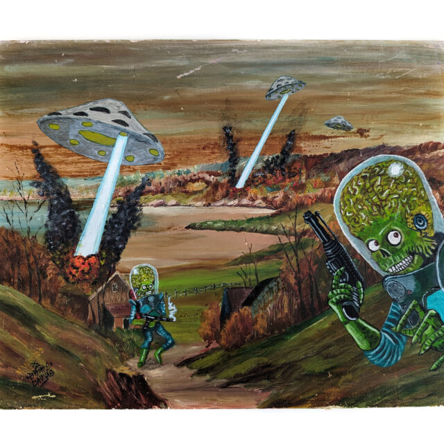 Mars Attacks aliens painted on a thrift store painting