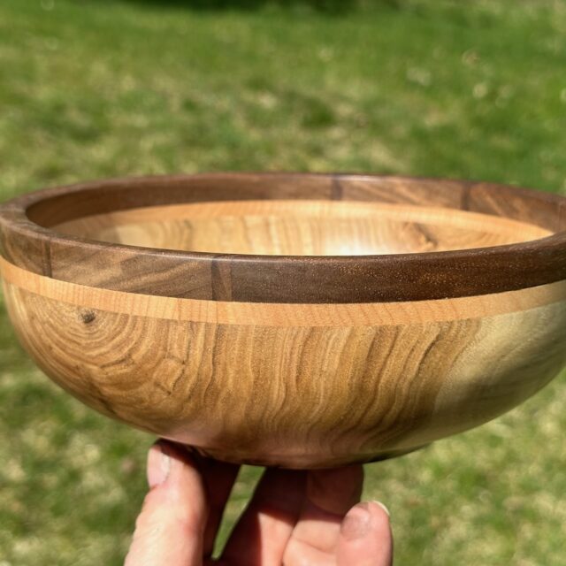 three-wood banded bowl: walnut, maple, butternut, 2024