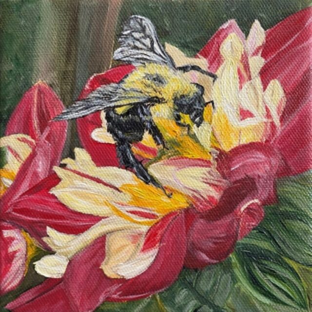 Dahlia and Bee, Acrylic on Canvas, 6