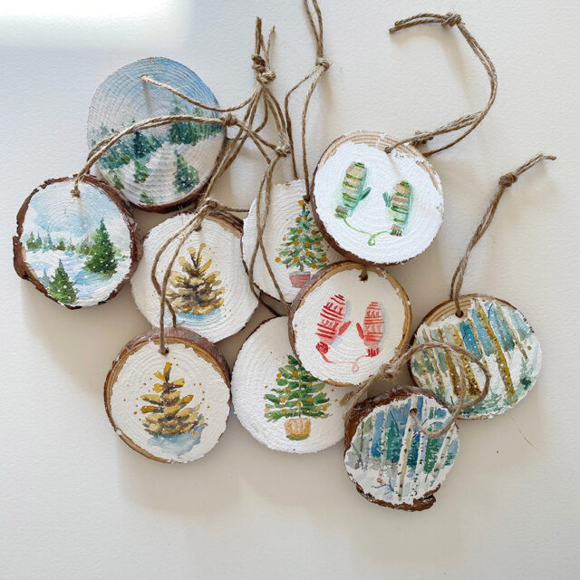 Watercolour on wood disc ornaments