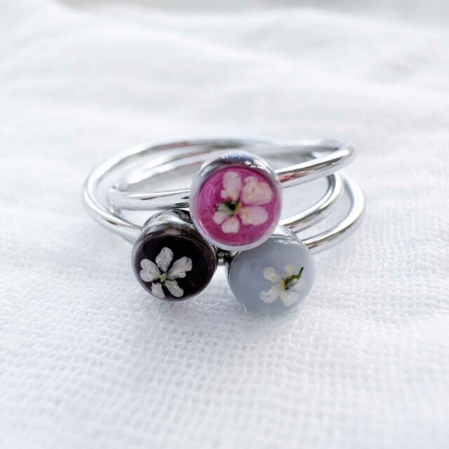 Handmade dainty pressed flower rings.