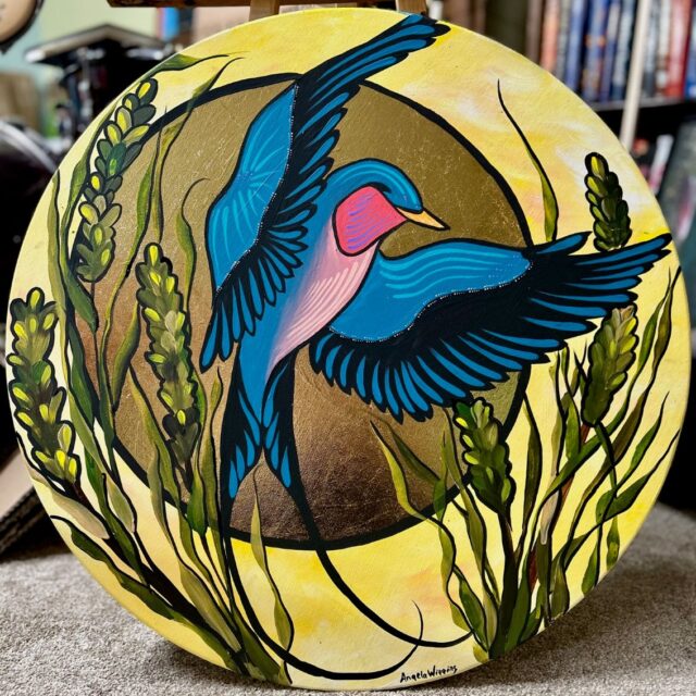 Autumn Moon, 24 inch diameter round canvas with gold leaf