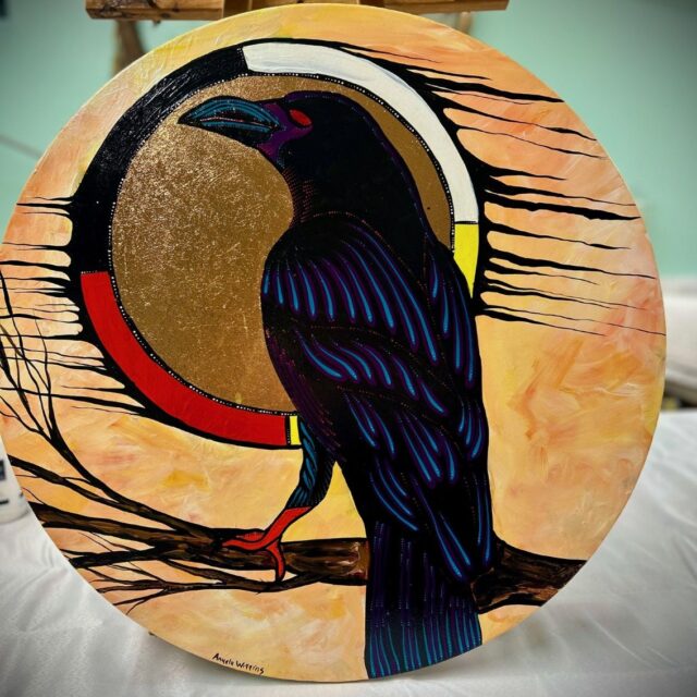 Midnight Messenger, 20 inch diameter, acrylic and gold leaf