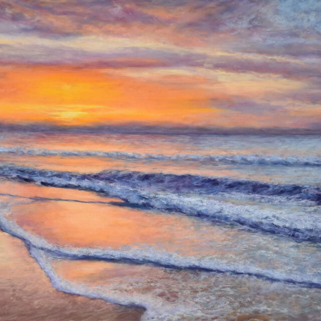 On the Beach, 36W x 24H inches, Framed. This painting won an Artistic Recognition Award in the Art and Color 365 Magazine's 2024 Pastels Competition. It also received an Honorable Mention Award in Teravarna's 2025 8th Water International Juried Art Competition. 