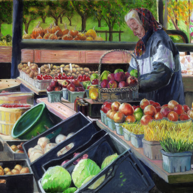 Mary at her fruit stand in Bloomfield, oil on canvas, 18 x 24 in